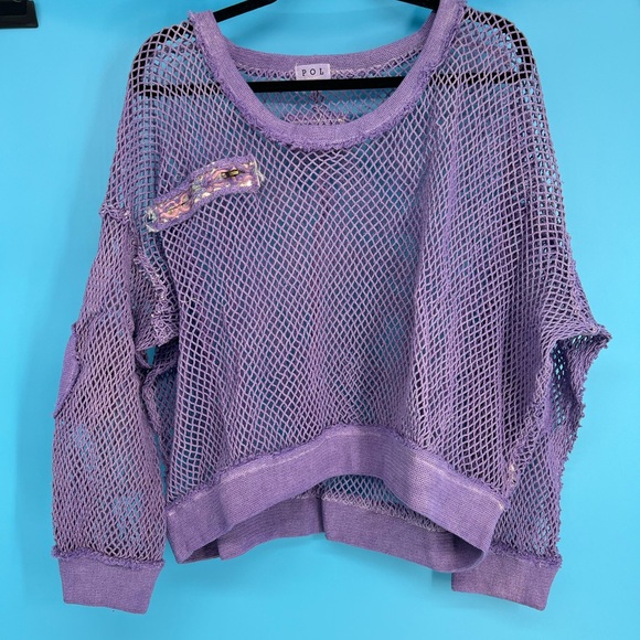Just In! POL Round Neck Crochet Top Iris Purple Front Decortive Zip-NWT Sz- S-L - Picture 2 of 7